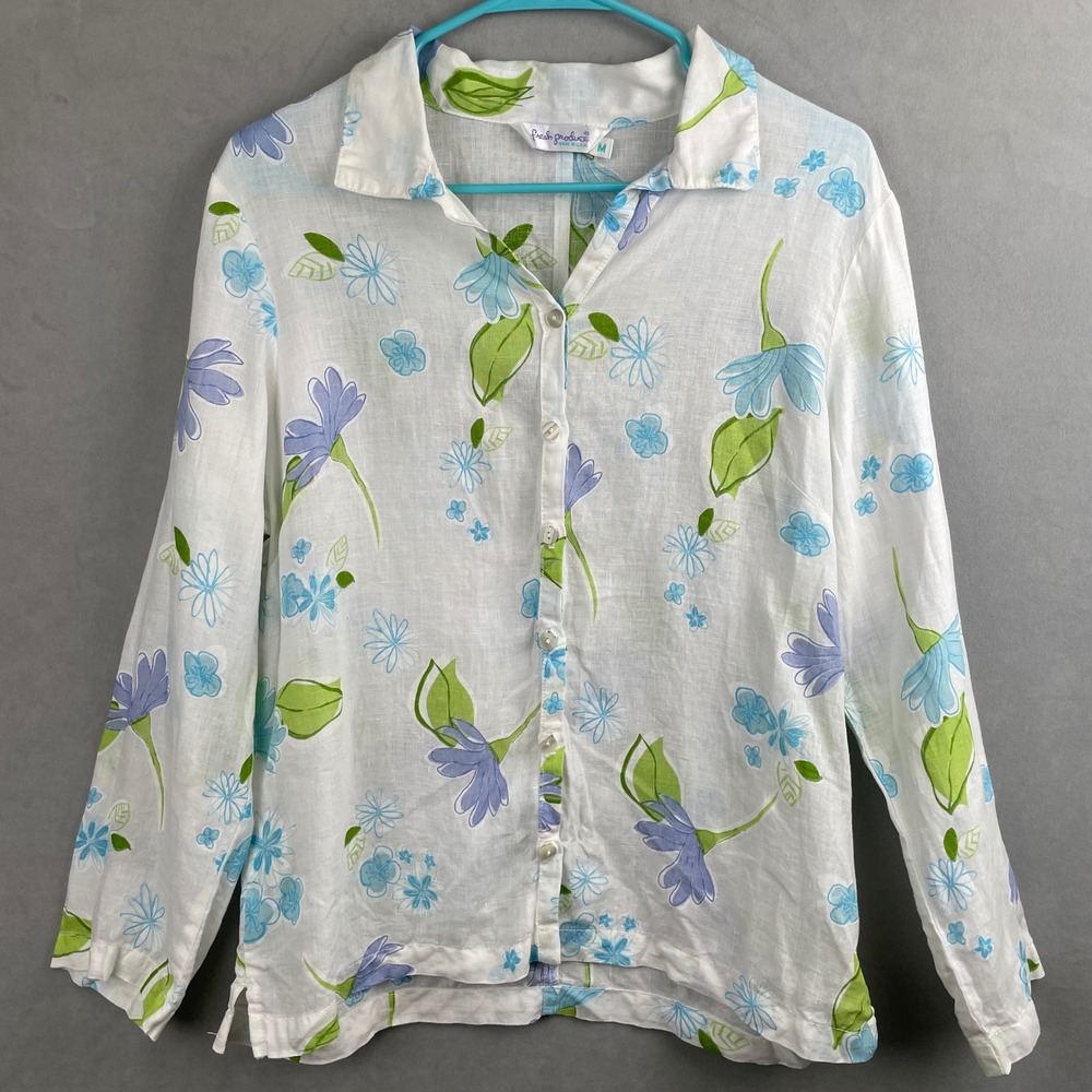 VTG Fresh‎ Produce Linen Floral Coastal Button Down Shirt White Green USA Made M